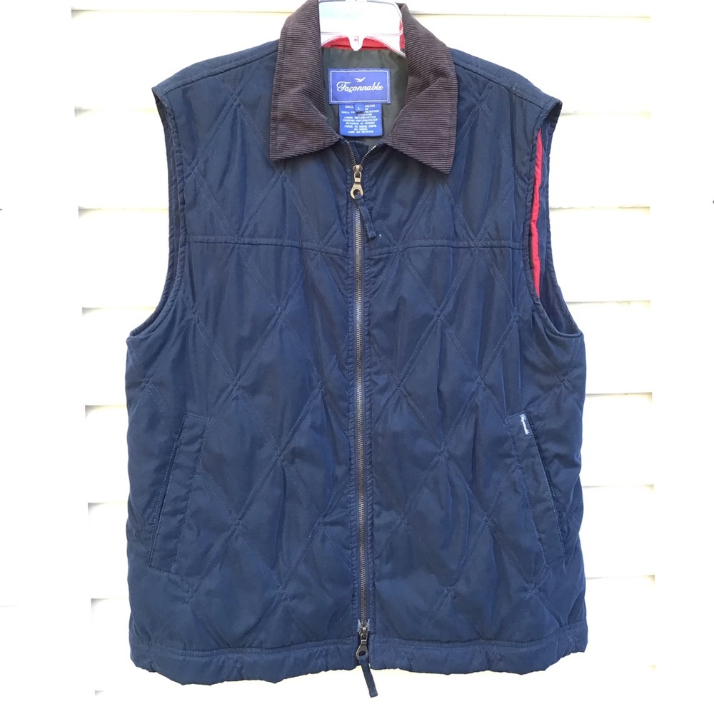 VTG Faconnable Quilted Puffer Vest Mens Sz Large Navy Blue Full Zip Pockets